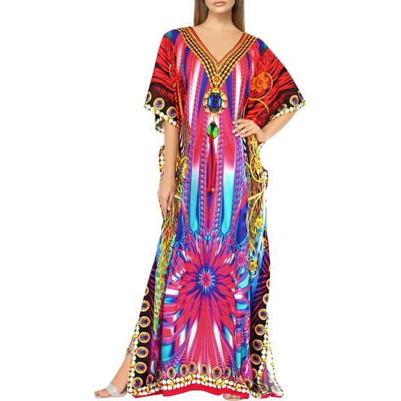 HAPPY BAY Women's Summer Loungewear African Beach Maxi Plus Size Kaftan Casual Slit Dress Caftan Swimsuit Coverup for Women 2X-3X Strawberry, Blossom