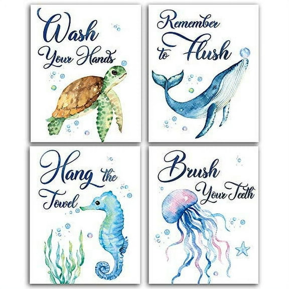 Sea marine life Bathroom Watercolor Art Print Set of 4 (8?X10?), Sea Turtle Seahorse fish whale Jellyfish Wall Poster, Blue Ocean Theme Baby Nursery Kids Bathroom Wall Decor, No Frame
