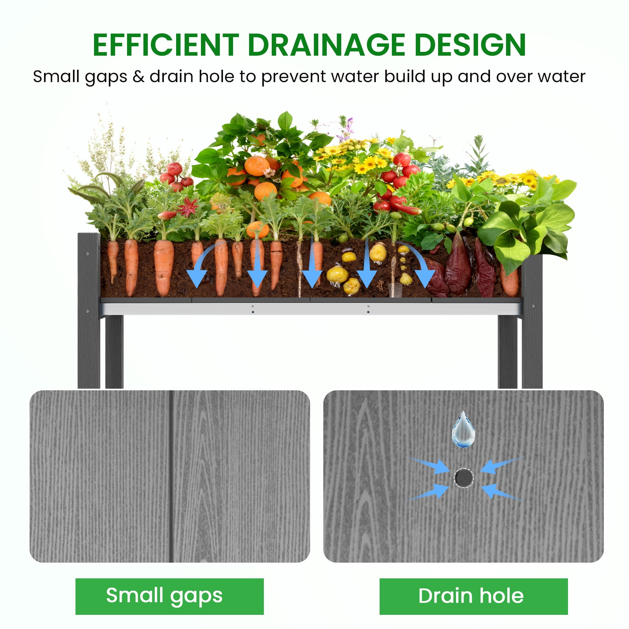 SERWALL HDPE Raised Garden Bed with Legs, 43"x16"x30" Elevated Planter Box, Outdoor Planter for Vegetables Flowers, Gray