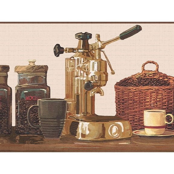Dundee Deco's Peel and Stick Wallpaper Border - Kitchen Maroon Brown Coffee Wall Border Retro Design, 15 ft x 7 in, Self Adhesive