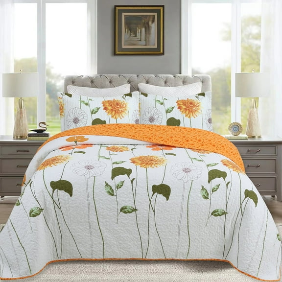MarCielo  3 Pcs Cotton Floral Quilt Bedspread Set Queen
