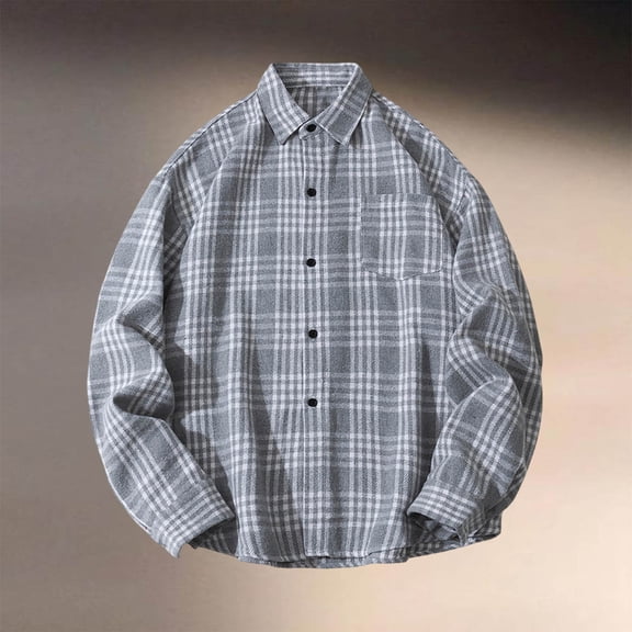 Flannel Shirt For Men Long Sleeve Fashion Casual Regular Fit Collar Plaid Shirt Comfortable Lightweight Fall Button Classic Basic Tops With Pocket Grey M