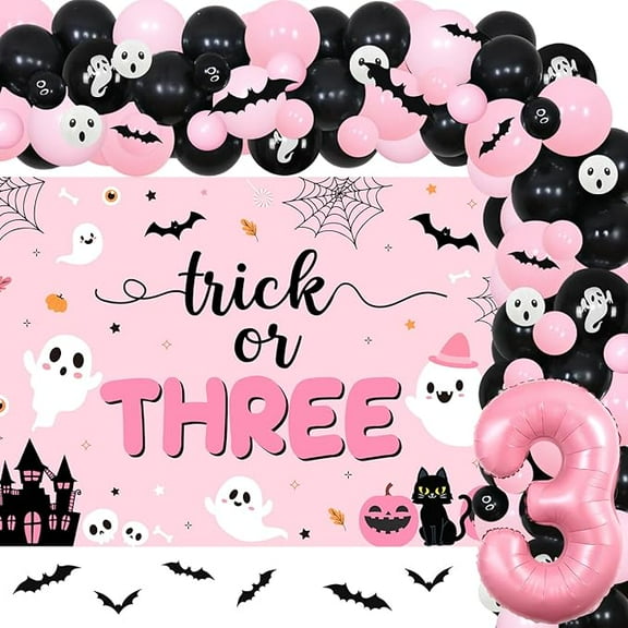 84Pcs Trick or Three Theme Halloween 3rd Birthday Party decor Pink Black Balloon Garland Arch Kit Number 3 Foil Balloon 3D Bat Wall Stickers for Girls Halloween Three Birthday Party Decor Favors