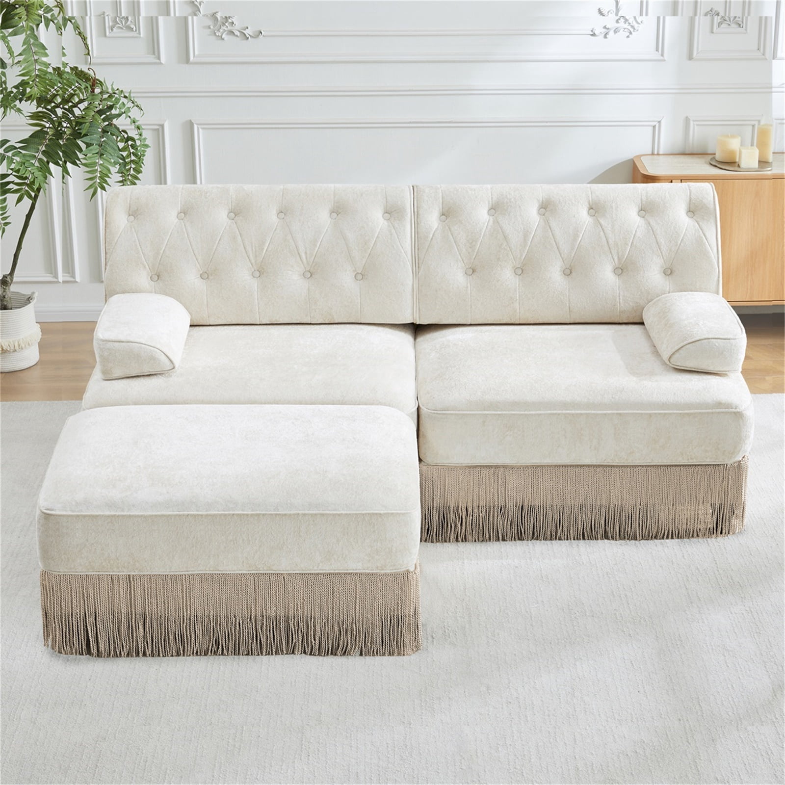 Hommoo 2-Seater Chesterfield Style Velvet Fabric L-Shaped Sectional Sofa, Tufted Button Upholstered Design and Floor-grazing Tassel, Free Combination Sofa Couch Set, for Home, Beige
