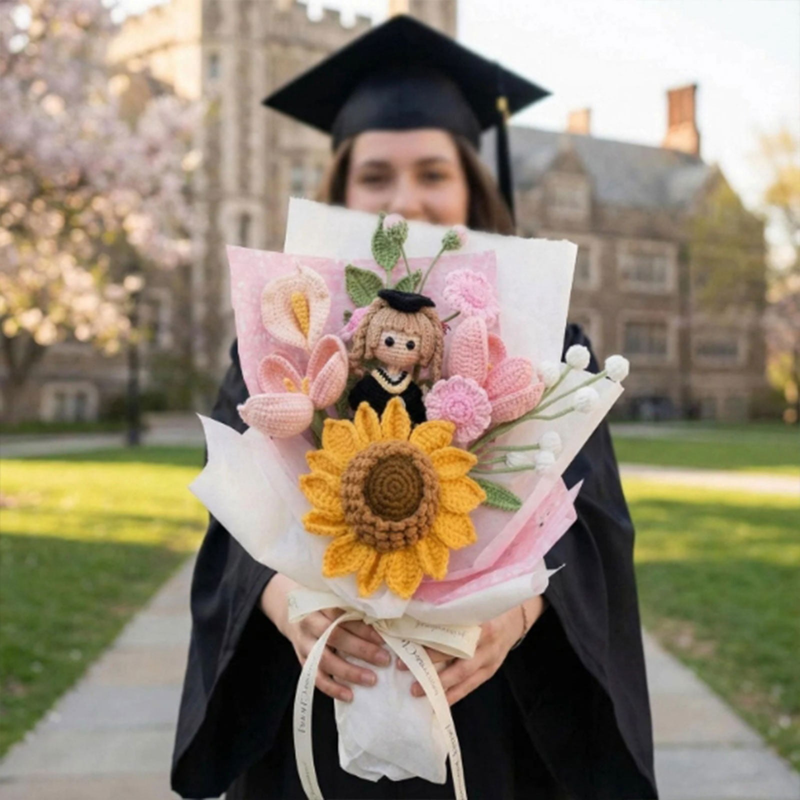 Handmade Crochet Bouquet, Sunflower Knitted Flowers, Artificial Knit Floral, Grad Greeting Cards, Grad Doll Bouquet, Home Decor Accent, Celebration Gift for Graduation