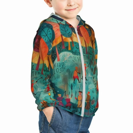 

Uemuo Whimsical Forest Scene Pattern Rash Guard for Boys Girls Long Sleeve Swim Shirts UPF 50+ UV Sun Protection Hooded Fishing Shirt with Pocket for Kid-3 Years