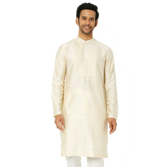In-Sattva Men's Indian Embroidered Placket and Yoke Festive Long Kurta Tunic; Pearl Beige; SM