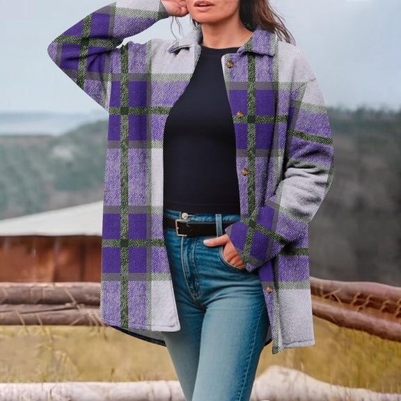 Xdegoge Fleece Jacket Women No Hood Plaid Flannel Shackets Winter Coat Button Down Warm Stand Collar Sweatshirts Cozy Oversized Thermal Lightweight Jackets with Pockets Outerwear