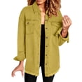 thumbnail image 2 of Baberdicy Women's Washed Denim Shirt Jacket Fashion Casual Jean Jackets Long Sleeve with Raw Hem Button down Outerwear, Yellow Xxl, 2 of 7