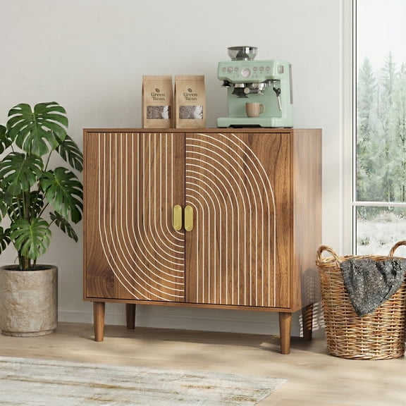 Semiocthome Sideboard Cabinet with 1 Shelf, Line Groove Design, Walnut Wood