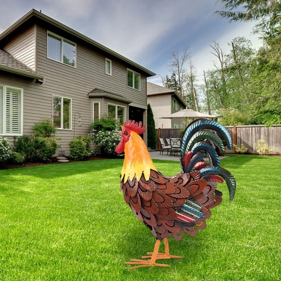 Rustic Metal Rooster Garden Statue, Outdoor Rooster Decor for Backyard & Yard, Hand-Painted Iron Rooster Sculpture, Weather-Resistant Outdoor Statues, Metal Yard Art for Front Porch & Patio