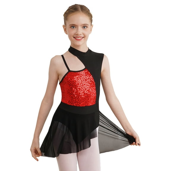 IEFIEL Kids Girls Asymmetrical Shoulder Modern Lyrical Leotard Dress Athletic Sequins Mesh Camisole Leotard A Red 12