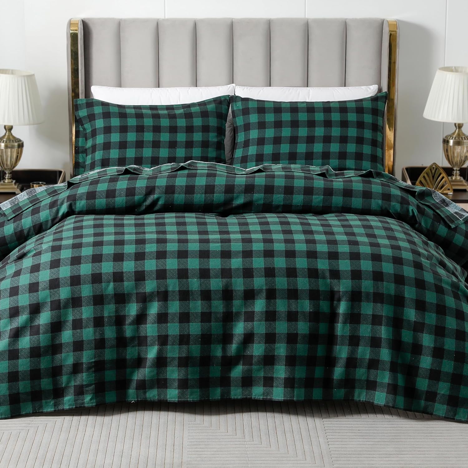 Elegant Comfort Soft 4-Piece Cotton Flannel Sheet Set -Deep Pocket Fitted Sheet, Flannel Sheets - King, Buffalo Check Green