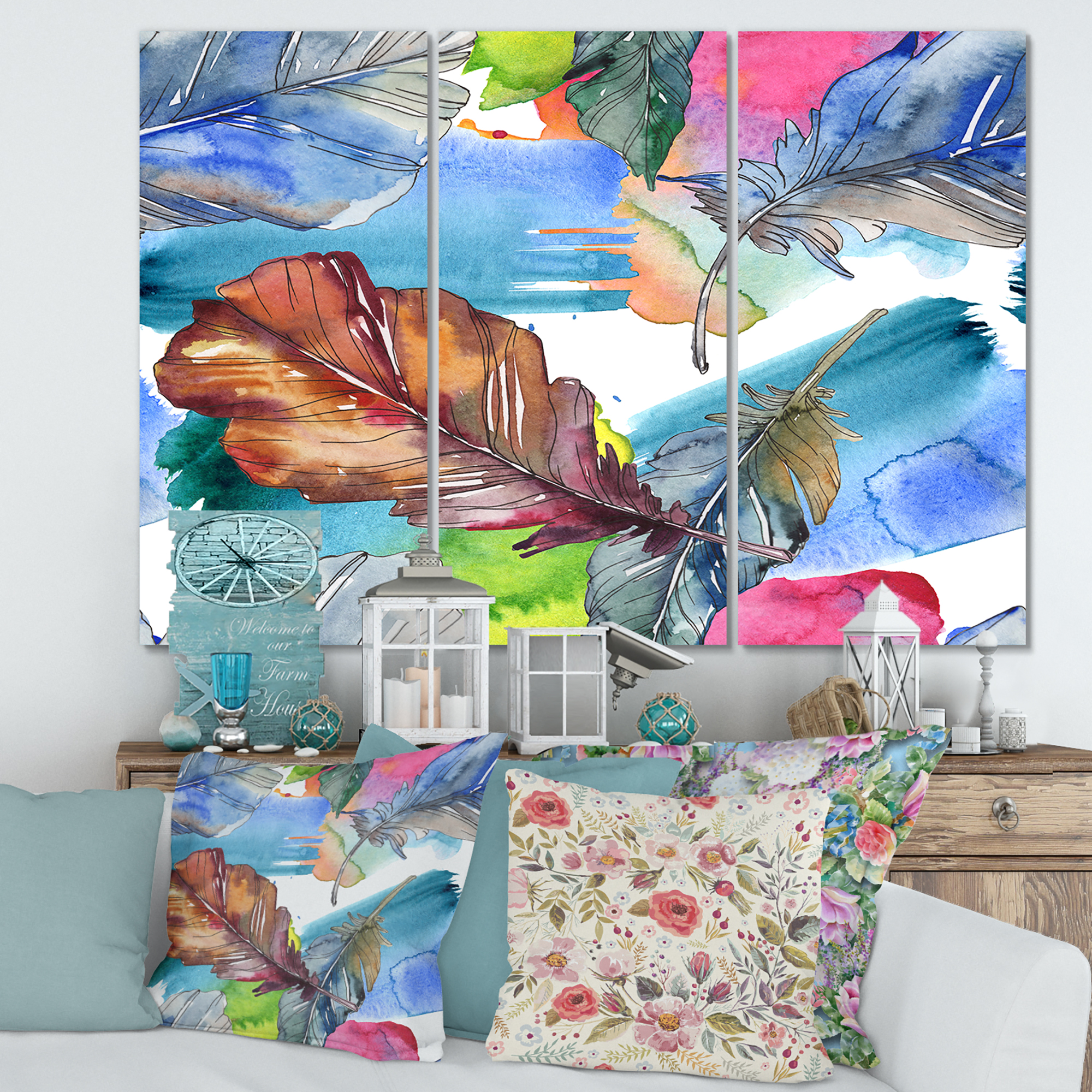 Designart ' Bird Feather In Pink and Blue ' Traditional Canvas Wall Art Print