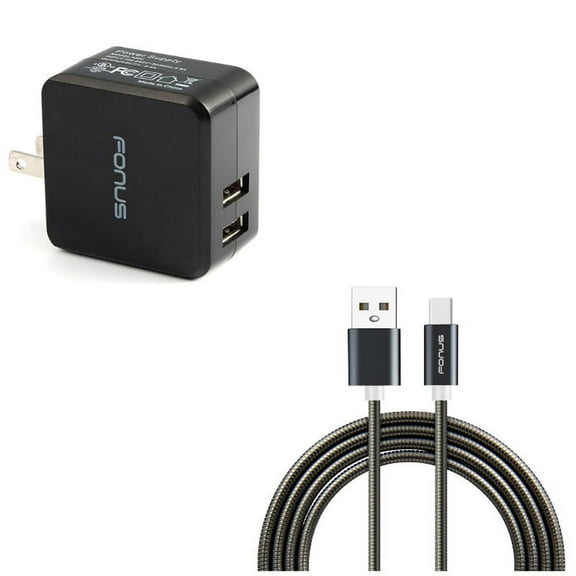 Type-C 3ft Metal USB Cable w 2-Port USB 17W Home Charger X1G for Alcatel 3V (2019) - ASUS ROG Phone 2 - BLU G9 Pro - BOLD N1 - Coolpad Legacy S - Google Pixel 4 XL - LG G8X ThinQ