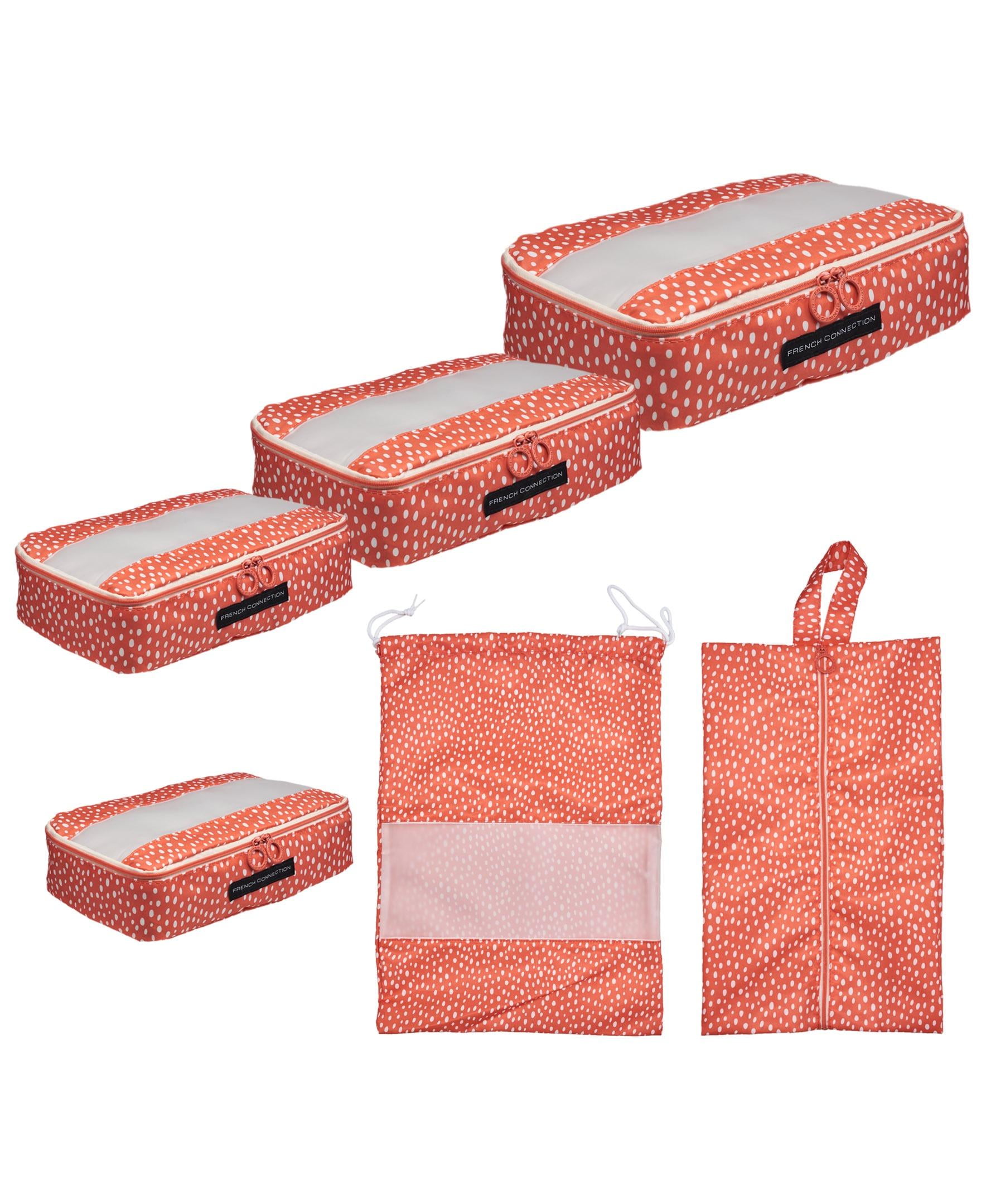French Connection 6pc Packing Cube Set - Travel Storage Set (Polka Dot) in Orange