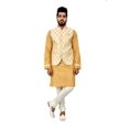 thumbnail image 1 of Indian Traditional Cotton Silk Golden Yellow Sherwani Kurta Set with Ivory Jacket for Men, 1 of 6