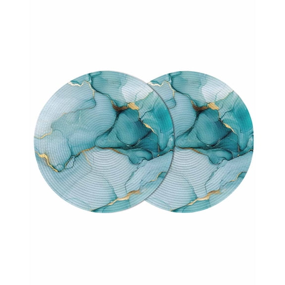 Marble Teal Round 13 Inch Placemats Set of 2, Golden Ink Painting Abstract Modern HeatResistant Non Slip Place Mats for Dining Table, Wipeable Braided Kitchen Table Mats for Housewarming