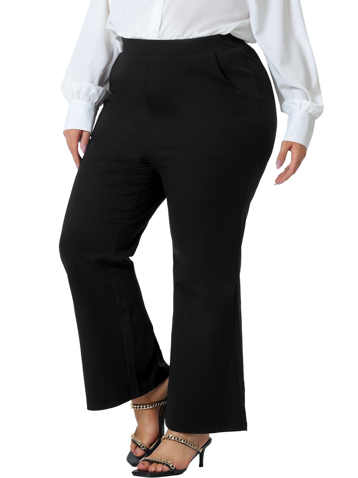 Unique Bargains Women's Plus Size Bell Flare Leg High Waist with Pockets Pants 2X Black