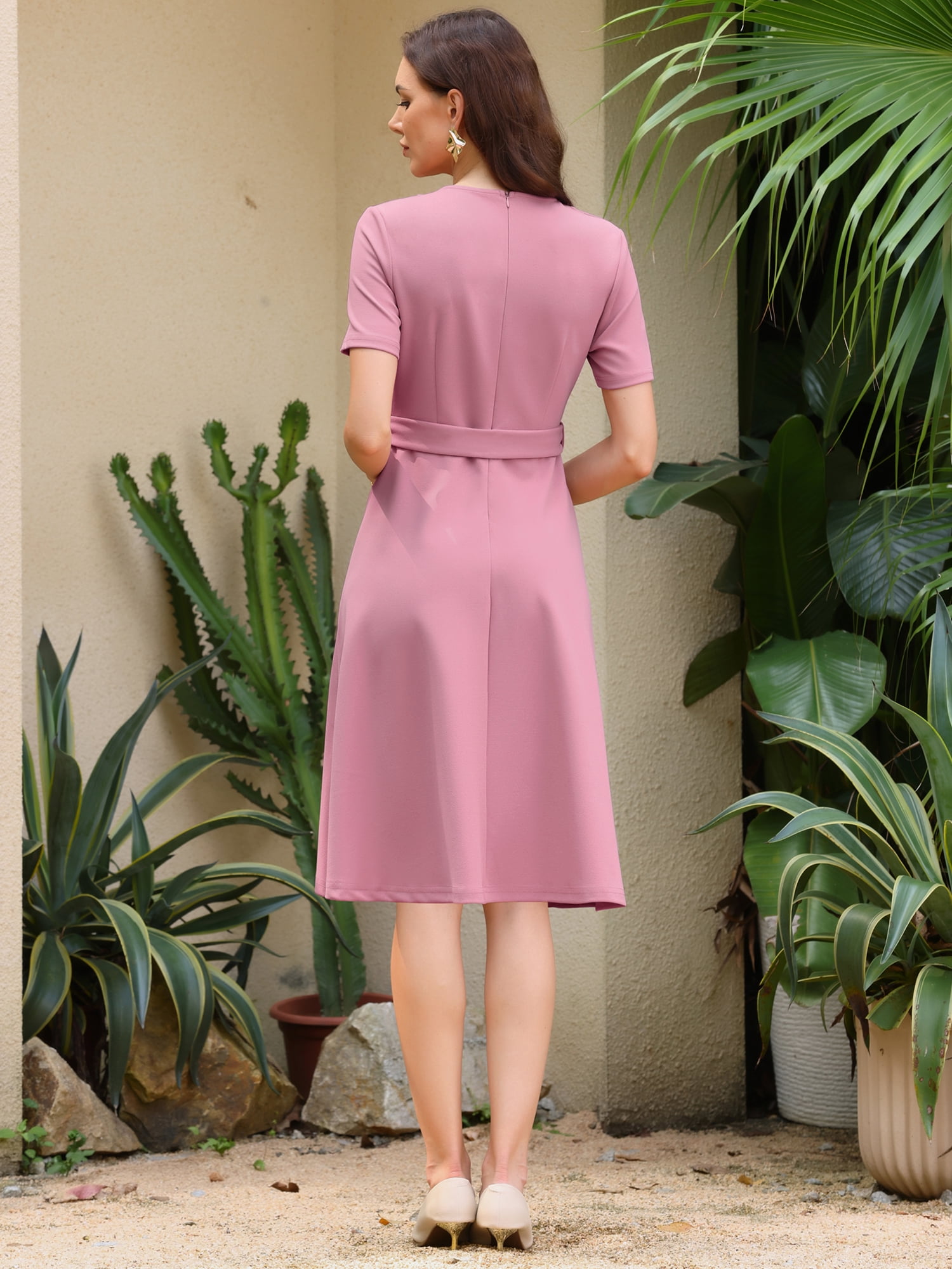 DARING DIVA Women's A-Line V-Neck Dress Short Sleeve Split Casual Midi Dresses M Pink