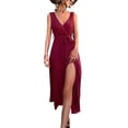 thumbnail image 1 of Txlixc Vestido de mujer de color sólido sin mangas, cuello en V profundo, cruzado, vestido de piernas altas Txlixc  moda, 1 of 7
