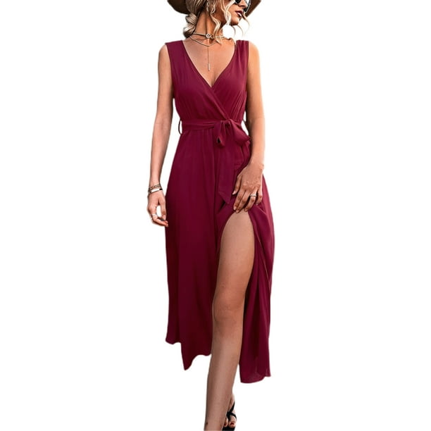 Txlixc Vestido de mujer de color sólido sin mangas, cuello en V profundo, cruzado, vestido de piernas altas Txlixc moda