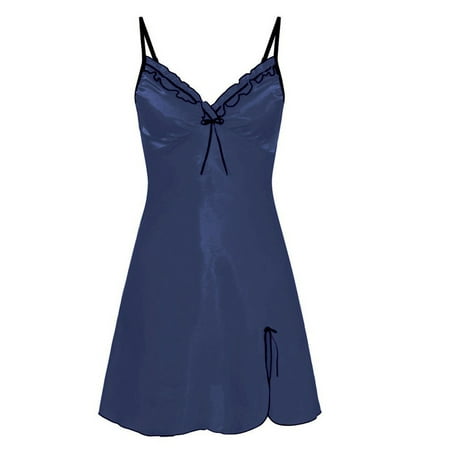 

QELUSQELUS Women Sleeveless Ruffle V Neck Front Split Solid Homewear Sling Sleepdress
