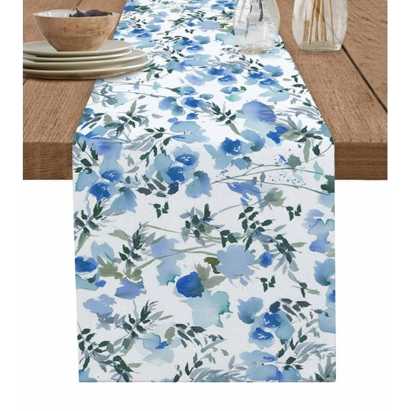 Vintage Blue Flower Short Table Runners 36 Inches, Cotton Linen Fabric Table Runner Dresser Scarf, Elegant Farmhouse Botanical Floral Tablerunner for Party/Kitchen/Dinner/Wedding Decor 13''x36''