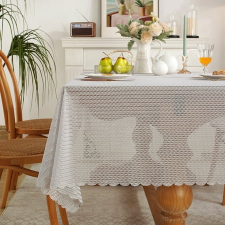 

Goory Vintage Lace Table Cover Solid Color Home Decor Dinner Tablecloths Polyester Wavy Edge Farmhouse Tablecloth