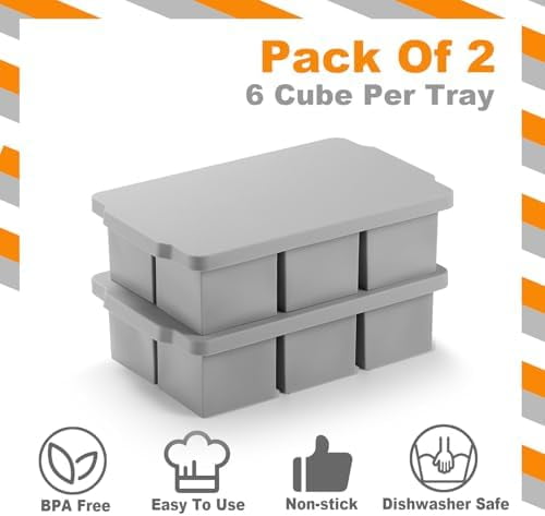 Large Ice Cube Tray with Lid Pack of 2, Stackable Big Silicone Square Ice Cube Mold for Whiskey Cocktails Bourbon Soups Frozen Treats, BPA Free