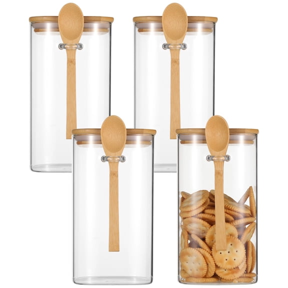 4 Pcs Glass Spice Jars Set with Wooden Lids Spoons, Square Food Storage Containers for Spices, Coffee Beans, Flour, Sugar, Airtight Seal, Easy to Clean and Refill