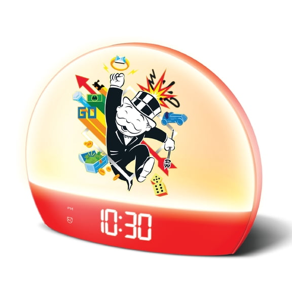 Monopoly Sunrise Alarm Clock Night Light, USB Powered Digital Clock with 6 Color Modes, Built-In Alarm, Red