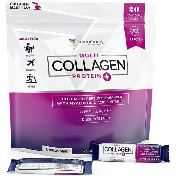 Vitauthority Multi Collagen Peptides Hydrolyzed Protein Powder with Hyaluronic Acid & Vitamin C, Unflavored, 20 Stick-Pack