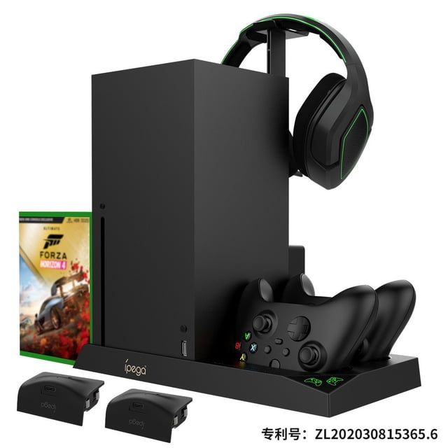 All-in-One Cooling Fan Stand for Xbox Series X (XSX) - Dual Controller Battery Charging Dock, Headphone Hanger & Game Disc Rack, Space-Saving Xbox Gaming Accessory