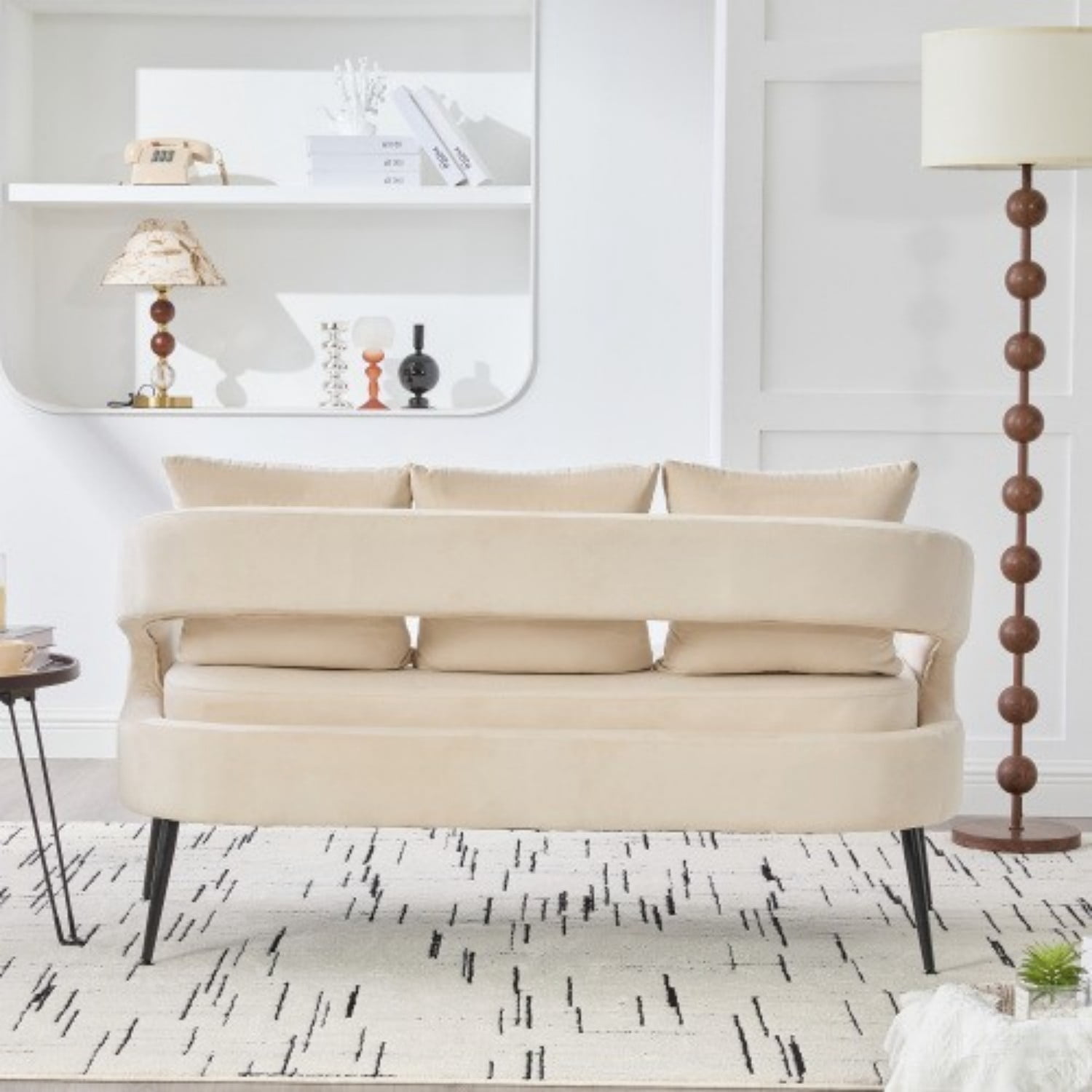 53.7" Modern Velvet Loveseat Sofa 2 Seater Upholstered Mini Couch with Open Back, Metal Legs and 3 Pillows for Living Room Bedroom Office Dorm Apartment, Beige