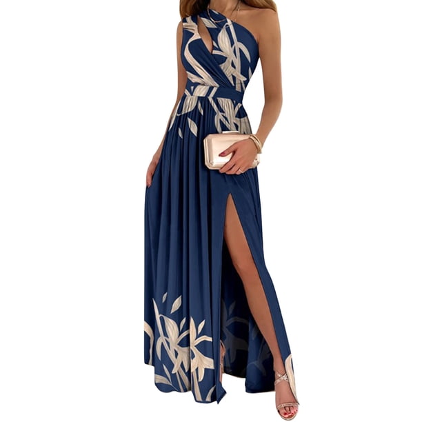 VISgogo Vestido de un hombro para mujer, estampado floral / Tie Dye, sin mangas, dobladillo dividido, plisado, cintura alta, falda de una pieza VISgogo moda
