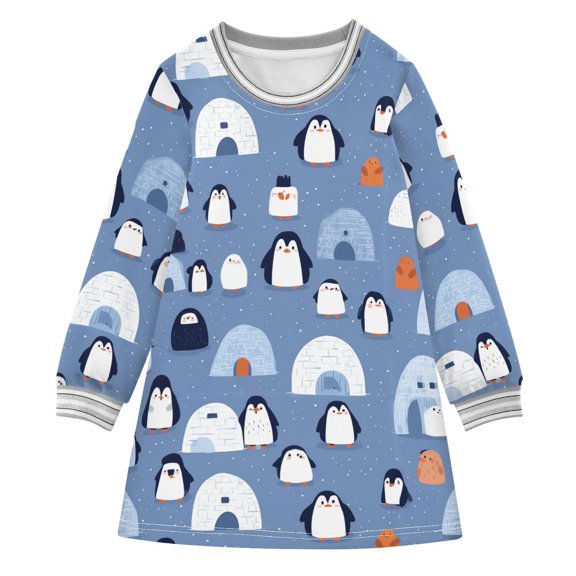 Girls' long-sleeved dress Igloo Penguin Girls' A-line dress with ribbed cuffs Soft and comfortable