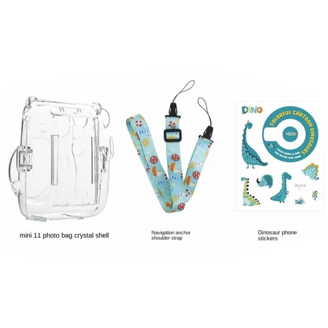 For Fujifilm Instax Mini 11 Camera - 3-in-1 Clear Crystal Protective Case Set with Photo Pocket, Shoulder Strap & Stickers, Transparent Hard Shell