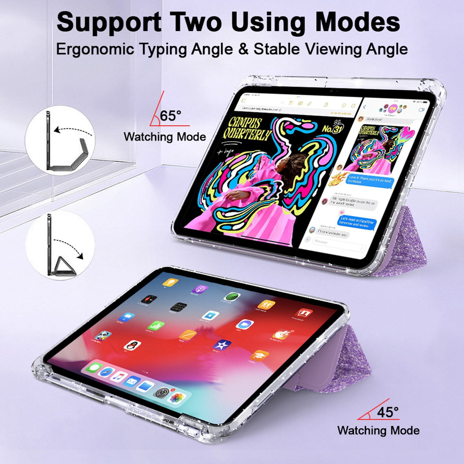 ELEHOLD Glitter Case for  iPad 9th/8th/7th Generation with Pencil Holder,  Auto Sleep/Wake Magnetic Stand Cover, Sparkly Clear Back Shell with Tri-Fold Stand , Purple