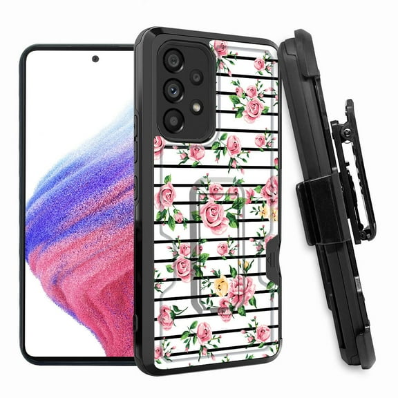 ANJ  Rugged Shockproof Hoster Case w/Card Slot, Kickstand   Tempered Glass Cover for Samsung Galaxy A33 5G - Pink Roses