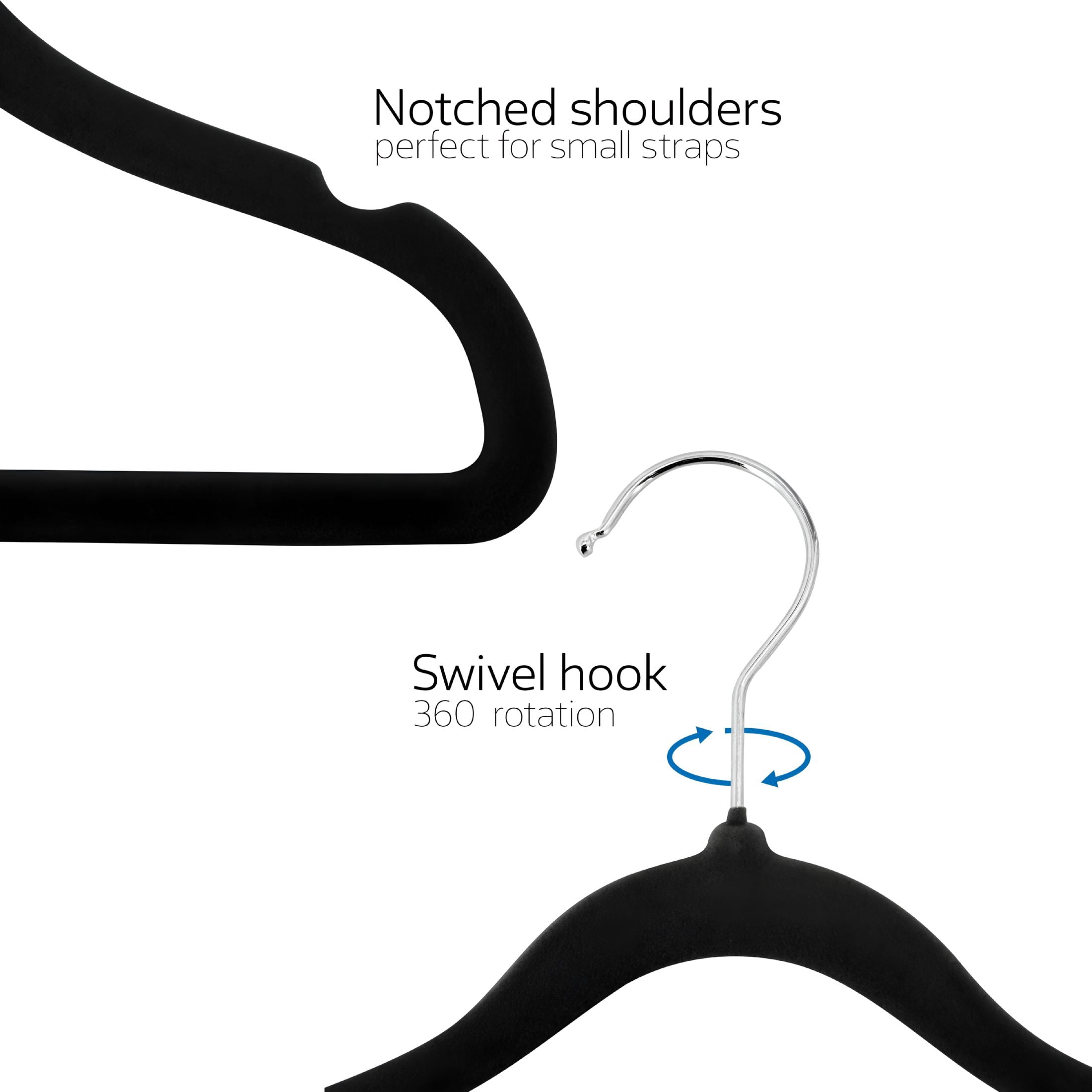 XIBUFE 50 Pack Non-Slip Velvet Space Saving Notched Shoulder Clothes Hangers for Toddler,Baby & Kids Clothing with 360° Swivel Hooks,Slim Design in Black