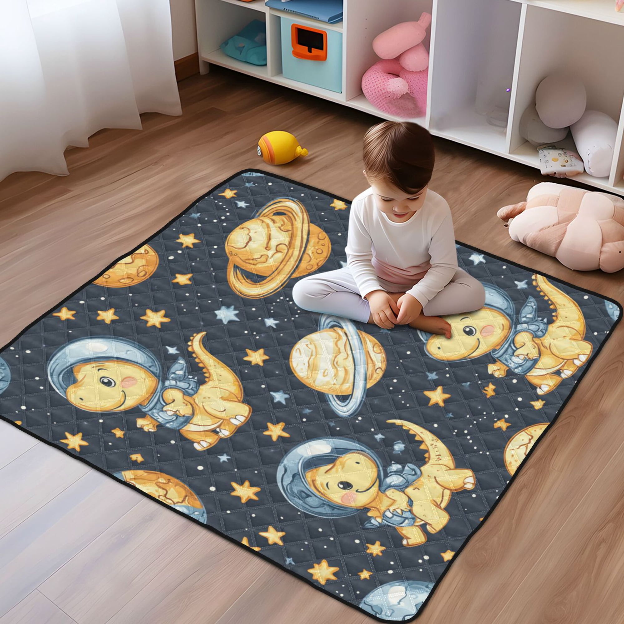WOBOGO Yellow Dinosaur Space Pattern Baby Playmats Extra Large Waterproof Rollable Activity Pads for Toddlers 50×50inch