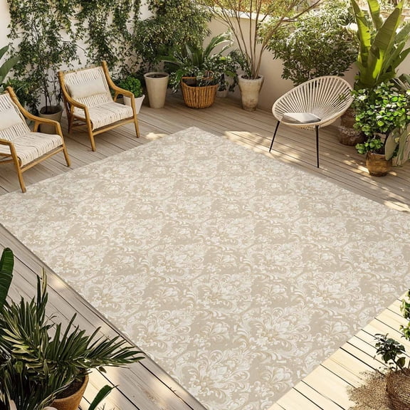 Beige Baroque Outdoor Rug 6x9 Ft - Reversible Patio Rug Outdoor Camping Rugs, Retro Farmhouse Abstract Scroll Floral Washable Indoor Outdoor Area Rugs, Non-Slip Outdoor Carpet Runner for Deck/Porch