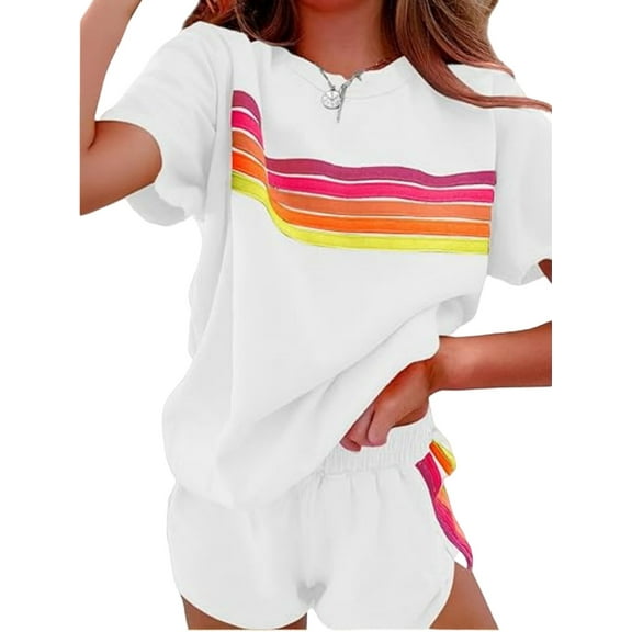 ZOELNIC Women's 2 Piece Outfits Loungewear Color Block Short Sleeve Womens Tops Elastic Waist Shorts Sets, S