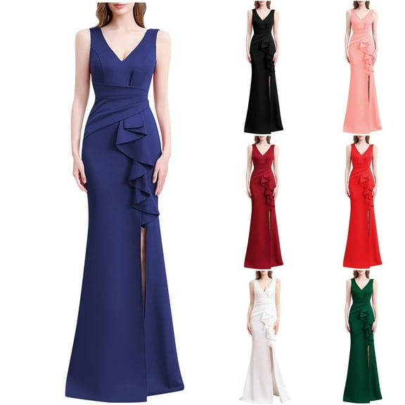 Swuxness Women Sleeveless Formal Maxi Dresses, Women Long Evening Gown, Women's V Neck Fitted Waist Hugging Hips Slim Fishtail Skirt Maxi Formal Evening Gown Dress Red, M