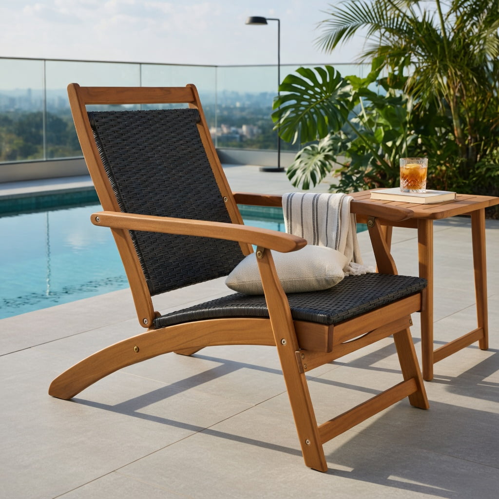 Hommoo Foldable Rattan Lounge Chair with Acacia Wood Frame, Retractable Footrest, Rustic Patio & Backyard Seating for Poolside, Garden, Deck, Brown