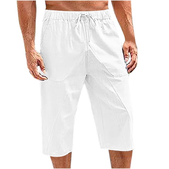 HOOMEUMY Men's Linen Elastic Waist Baggy Knee Length Shorts with Pockets Solid Color Loose Fit Summer Beach Shorts White XXL