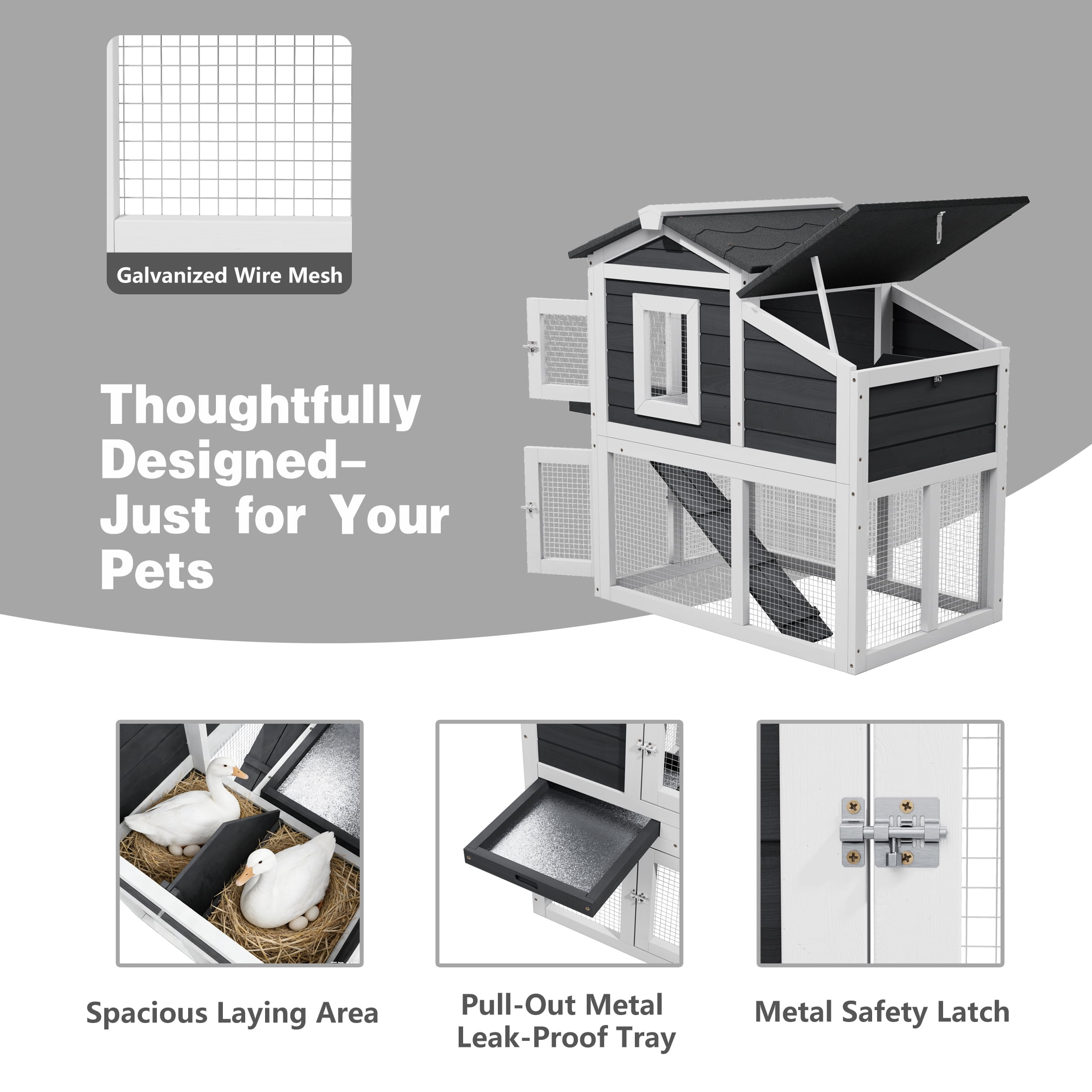 Outdoor 2-Tier Weatherproof Duck Coop, Wooden Duck Hutch with Open Roof, Suitable for 2-3 Ducks, Black & White