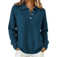thumbnail image 2 of Womens Polo Collar Button Down Sweater Solid Color Long Sleeve Knit Pullover Fall Winter Ribbed Hem Loose Fit Casual Knit Jumper Tops Navy L, 2 of 5