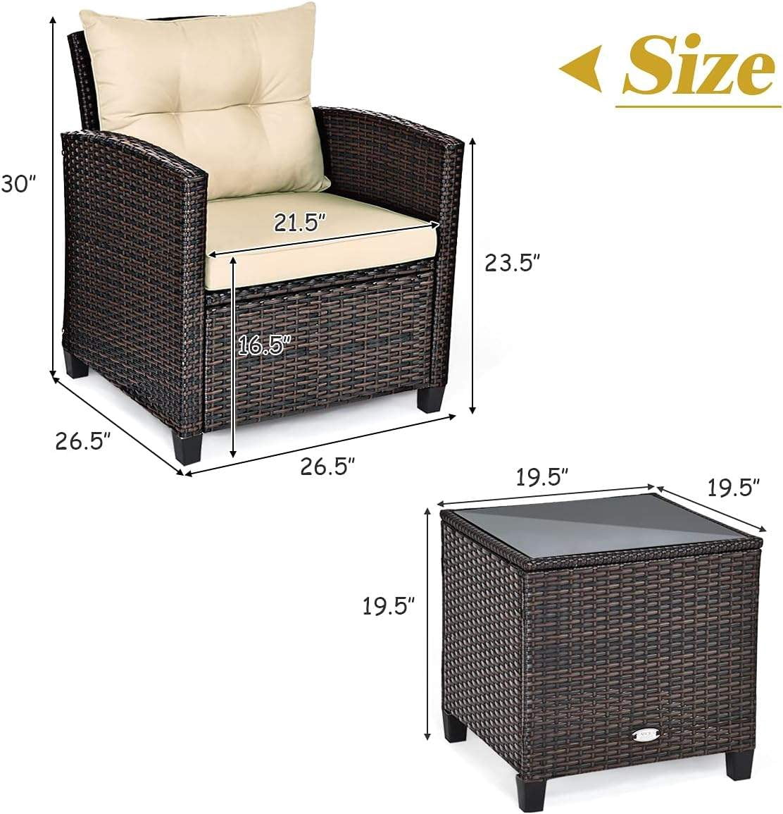 3-Piece Outdoor Patio Sofa Set with Washable Cushions and Tempered Glass Tabletop, Beige